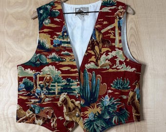 Chaleco vintage de los 90 con estampado de jinete fronterizo y rodeo del oeste, con botones, talla grande para mujer.