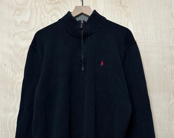 Vintage Y2K Polo Ralph Lauren Schwarzer Baumwoll Half Zip Pullover Strickpullover Größe XL