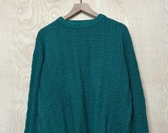 Vintage 90s Isle Of Cotton Teal Green Checkered Knit Crewneck Sweater size XLT