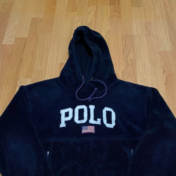 Vintage 90s Polo Sport Ralph Lauren Spell Out Flag Deep Pile Fleece Pull Over Sudadera con capucha Sudadera talla XL Hecho en EE. UU.