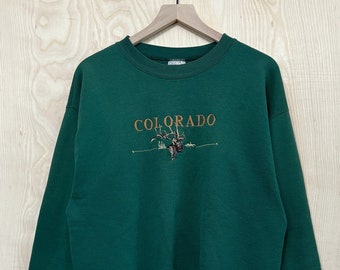 Vintage 90s Colorado Elk bordado verde Crewneck sudadera tamaño grande