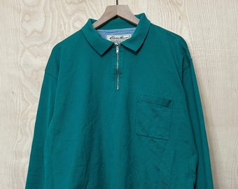 Vintage Eddie Bauer Rugby-Shirt aus blaugrüner Baumwolle mit Reißverschluss und langen Ärmeln, Größe XL