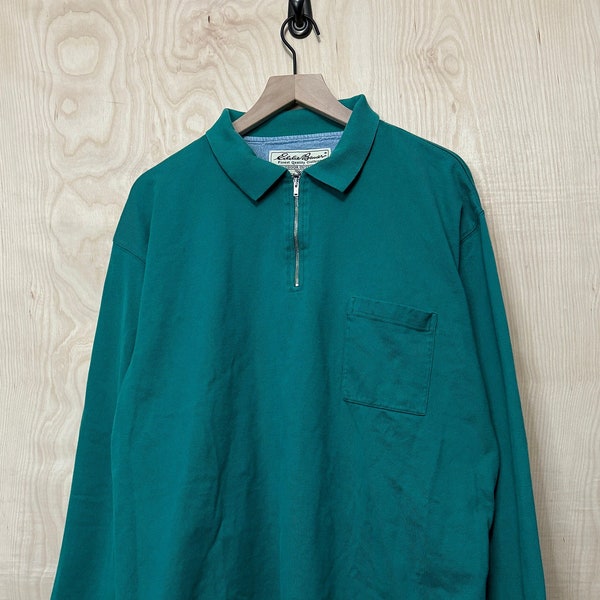 Vintage Eddie Bauer Teal Green Cotton Zip Long Sleeve Rugby Shirt size XL