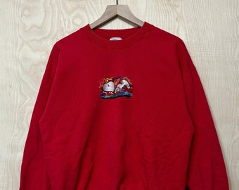 Vintage Snoopy Embroidered Red Cotton Polyester Distressed Crewneck Sweatshirt size Large