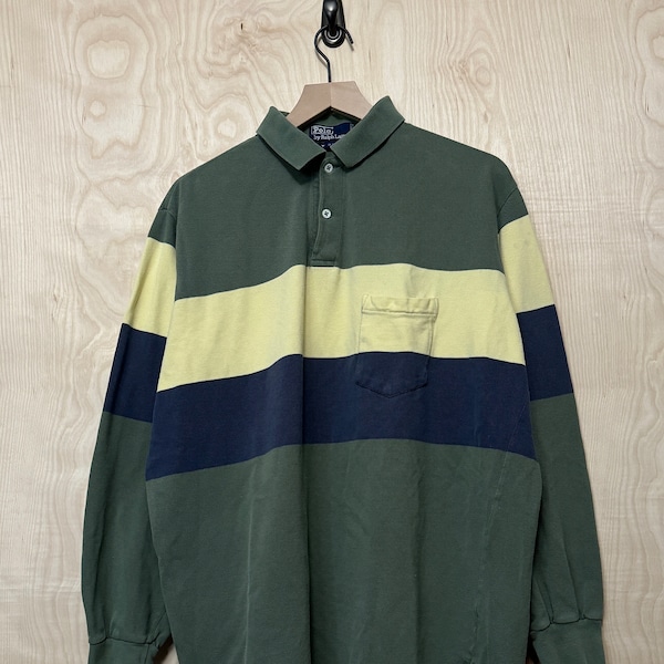 Vintage 90s Polo Ralph Lauren Green Yellow Navy Blue Stripe Color Block Cotton Longsleeve Rugby Shirt size Large