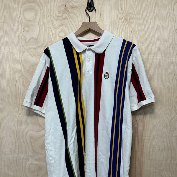 Vintage Chaps Ralph Lauren White Multi Color Vertical Stripe Short Sleeve Polo Shirt size XL