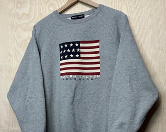 Vintage 90s Polo Sport Ralph Lauren USA Flag Gray Crewneck Sweatshirt size Large