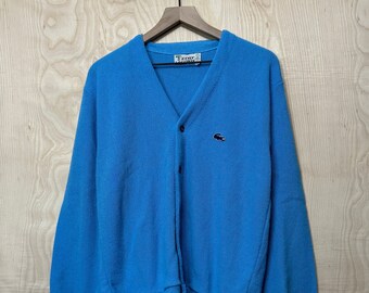 Vintage jaren '70 Izod Lacoste Blue Acrylic Knit Cardigan Sweater maat Large