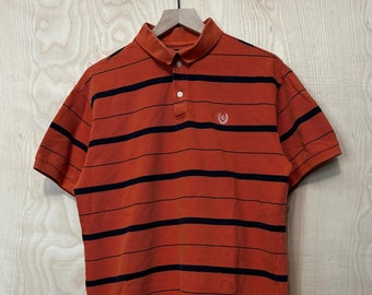 Vintage Chaps Ralph Lauren Orange Navy Blue Stripe Cotton Short Sleeve Polo Shirt size Large