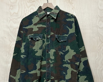 Vintage Green Woodland Camouflage Cotton Longsleeve Flannel Button Up Shirt size Large