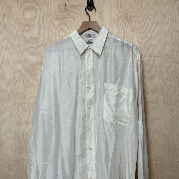 Vintage 90s Montage White Silk Long Sleeve Button Up Shirt size Large