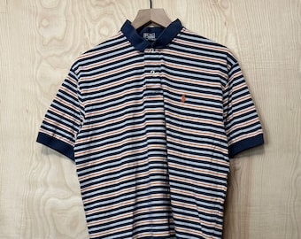 Vintage Polo Ralph Lauren White Blue Orange Stripe Cotton Short Sleeve Polo Shirt size Large