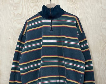 Vintage Y2K Merona Green Multi Color Stripe Half Zip Pullover Sweatshirt size XL