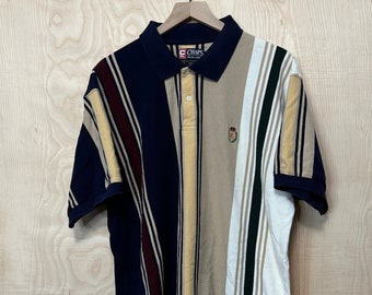 Vintage Chaps Ralph Lauren Tan White Navy Blue Multi Color Vertical Stripe Short Sleeve Button Up Shirt size XL