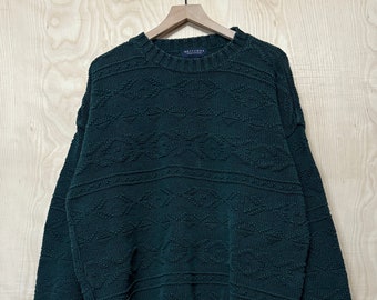 Vintage 90s Britches Dark Green Cotton Cable Knit Pattern Crewneck Sweater size XL Made in USA