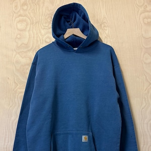 Vintage Y2K Carhartt Distressed Blue Pullover Hoodie Sweatshirt size Large