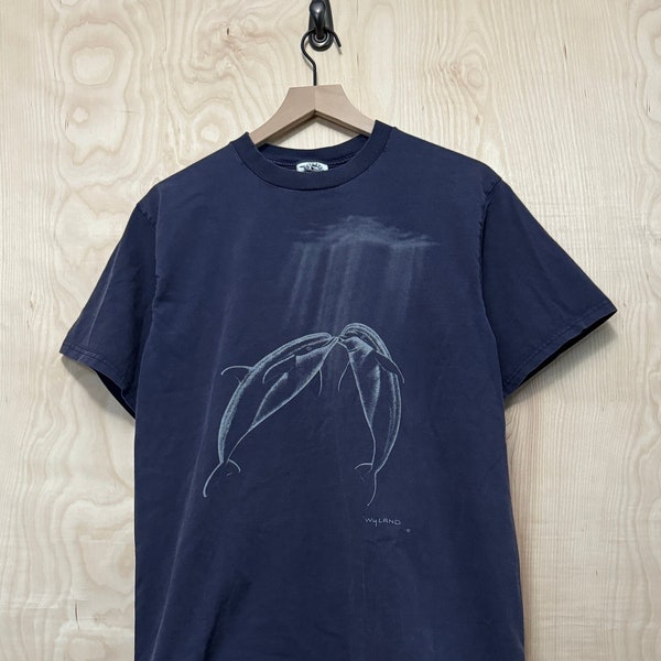 Vintage 90s Wyland Dolphins Graphic Navy Blue Cotton T Shirt size Large