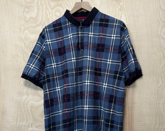 Vintage 90s Chaps Ralph Lauren Blue Plaid Cotton Short Sleeve Polo Shirt size Large