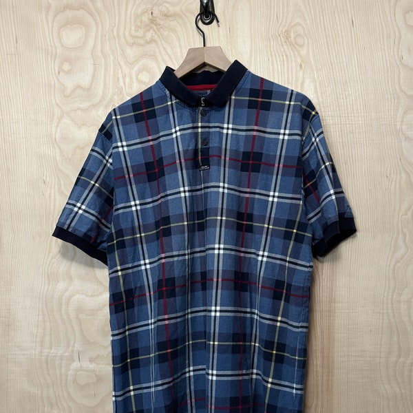 Vintage 90s Chaps Ralph Lauren Blue Plaid Cotton Short Sleeve Polo Shirt size Large