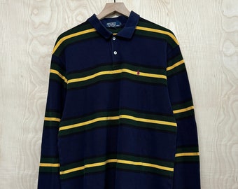 Vintage Polo Ralph Lauren Navy Blue Black Yellow Green Stripe Long Sleeve Rugby Shirt size XL