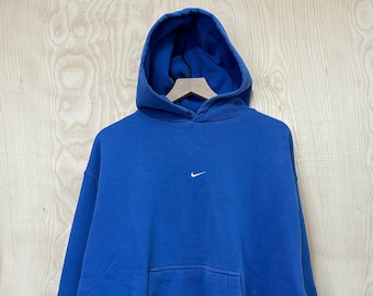Vintage Nike Team Center Check Swoosh Blue Pull Over Hoodie Sweatshirt size Large