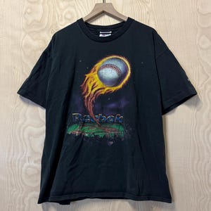 Vintage 90s Reebok Baseball On Fire Art Graphic Black Cotton T Shirt size XL