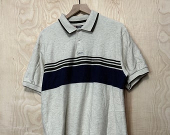 Vintage 90s Chaps Ralph Lauren Tan Cotton Navy Blue Green Stripe Short Sleeve Polo Shirt size Large