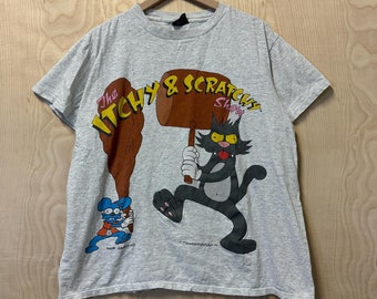 Vintage 90s The Itchy And Scratchy Show Simpsons Graphic Gray Cotton T Shirt size XL