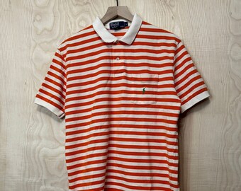 Vintage Y2K Polo Ralph Lauren White Orange Stripe Cotton Short Sleeve Polo Shirt size Large