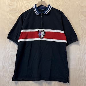Vintage 90s Polo Sport Ralph Lauren Shield Black Multi Color Stripe Cotton Short Sleeve Polo Shirt size Large