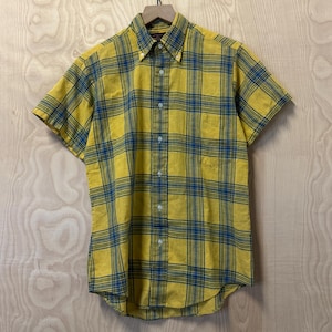 Vintage 80er Jahre Van Heusen Vanopress Gelb Blau Kariertes Kurzarm Hemd mit Knöpfen size Medium