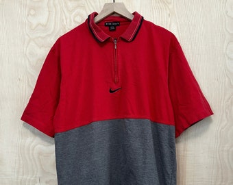 Vintage Nike Golf Center Check Logo Rot Grau Color Block Zip Kurzarm Polo-Shirt Größe Large