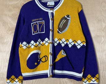 Vintage Christopher And Banks Minnesota Vikings Football Picture Dzianinowy kardigan zapinany na guziki, rozmiar damski, duży