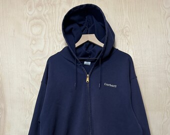 Vintage Carhartt Stitched Spell Out Navy Blue Cotton Polyester Zip Up Hoodie Sweatshirt size XXL Tall