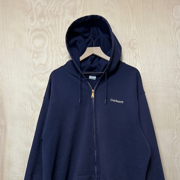 Vintage Carhartt Stitched Spell Out Navy Blue Cotton Polyester Zip Up Hoodie Sweatshirt size XXL Tall