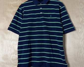 Polo vintage de manga corta de algodón con rayas azul marino y verde de Ralph Lauren, talla grande.
