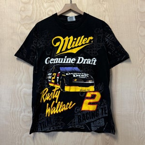 Vintage Rusty Wallace Miller Genuine Draft Car All Over Print Black Cotton T Shirt size Large