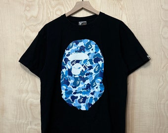 Vintage Y2K Bape Kaws Blue Camouflage Head Black Cotton T