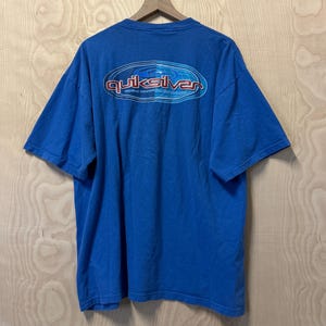 Vintage Quicksilver Double Sided Spell Out Glitter Graphic Blue Cotton T Shirt size XL