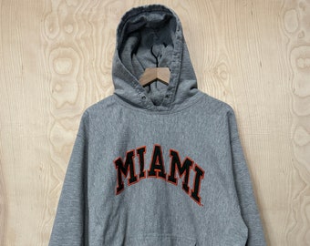 Vintage Y2K Miami Steve And Barry's Stitched Spell Out Gray Hoodie Sweatshirt size Large