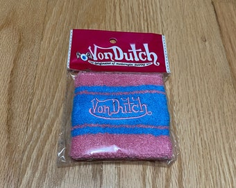 Vintage New Von Dutch Stitched Spell Out Pink Blue Stripe Terry Cloth Sweat Wrist Band