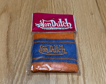 Vintage New Von Dutch Stitched Spell Out Orange Blue Stripe Terry Cloth Sweat Wrist Band