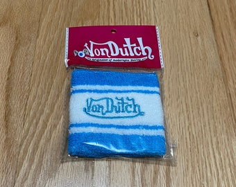 Vintage New Von Dutch Stitched Spell Out Baby Blue White Stripe Terry Cloth Sweat Wrist Band