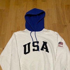 Vintage Polo Sport Ralph Lauren USA Stitched Spell Out Flag White