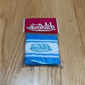 Vintage New Von Dutch Stitched Spell Out Baby Blue White Stripe Terry Cloth Sweat Wrist Band