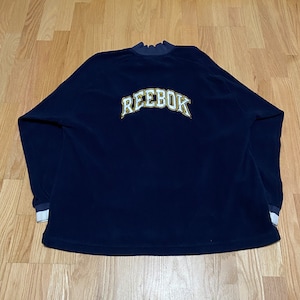 Vintage 90s Reebok Navy Blue Polyester Stitched Spell Out Logo Double Sided Half Zip Pull Over Fleece Sweatshirt size Large