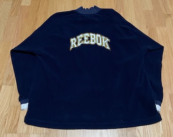 Vintage 90s Reebok Navy Blue Polyester Stitched Spell Out Logo Double Sided Half Zip Pull Over Fleece Sweatshirt size Large