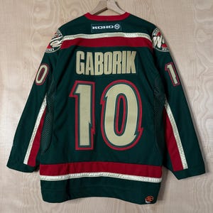 Vintage Minnesota Wild Marian Gaborik Koho Air Knit Stitched Green Polyester Hockey Jersey size Large Made in Canada
