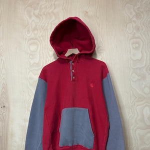 Vintage Carhartt Red Gray Two Tone Henley Pullover Hoodie Sweatshirt size Large
