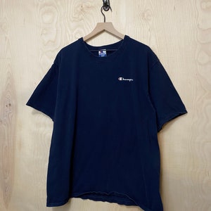 Vintage 90s Champion Mini Spell Out Navy Blue Cotton T Shirt size XL